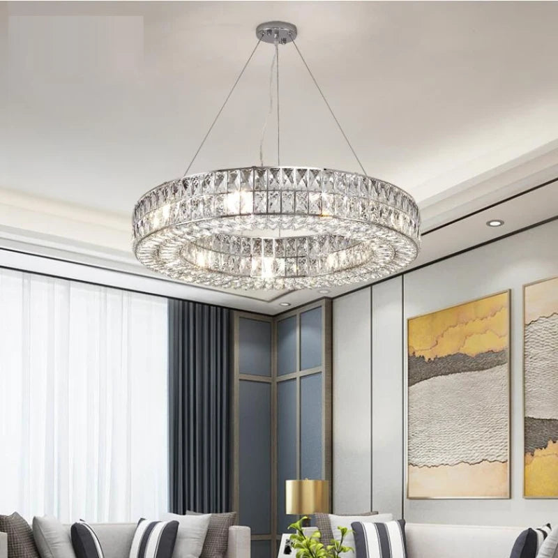Side view of double-layer round crystal LED chandelier.
