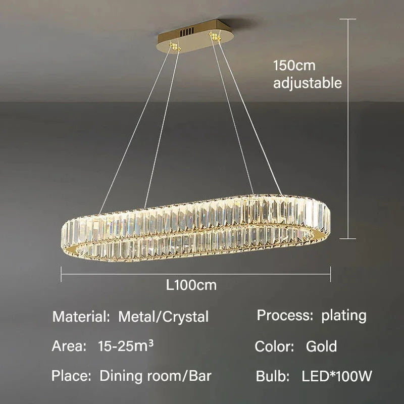 Close-up crystal detailing of modern oval chandelier