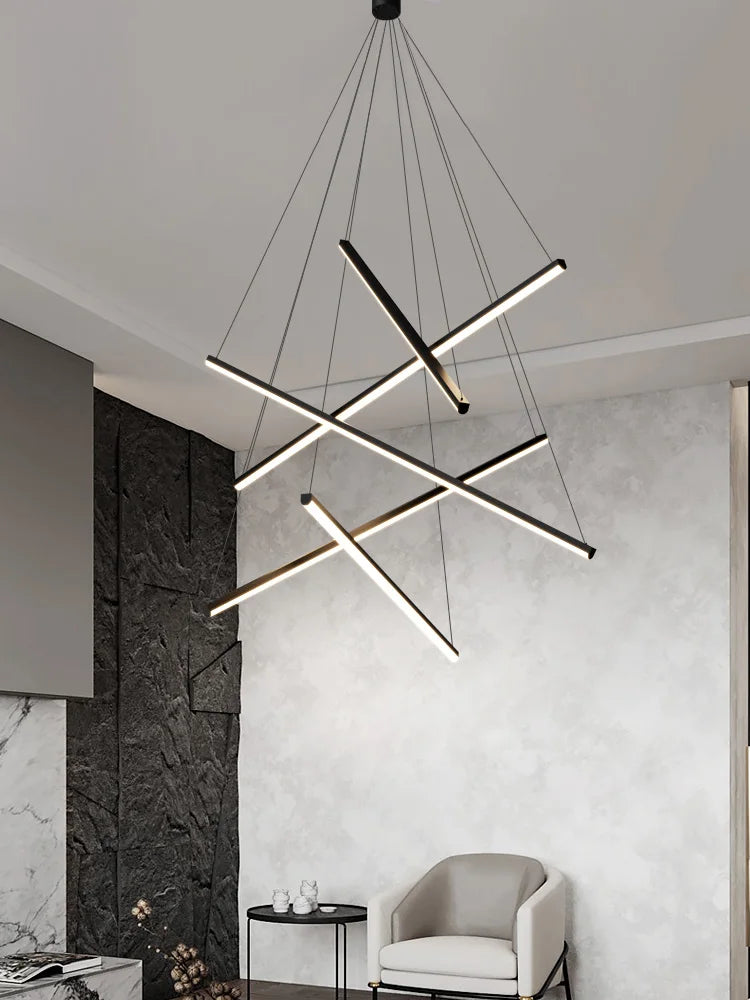 Nordic black multi-rod LED chandelier with adjustable suspension