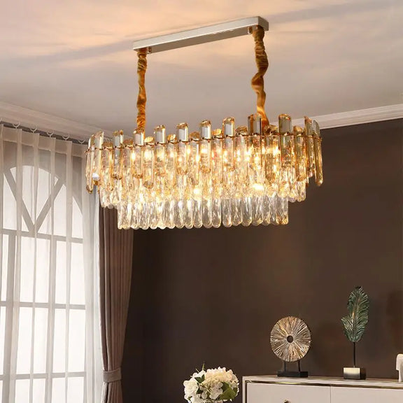 Modern island crystal chandelier with layered crystal rods