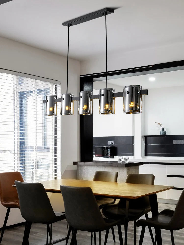 Modern dining room chandelier with adjustable height and glass lights