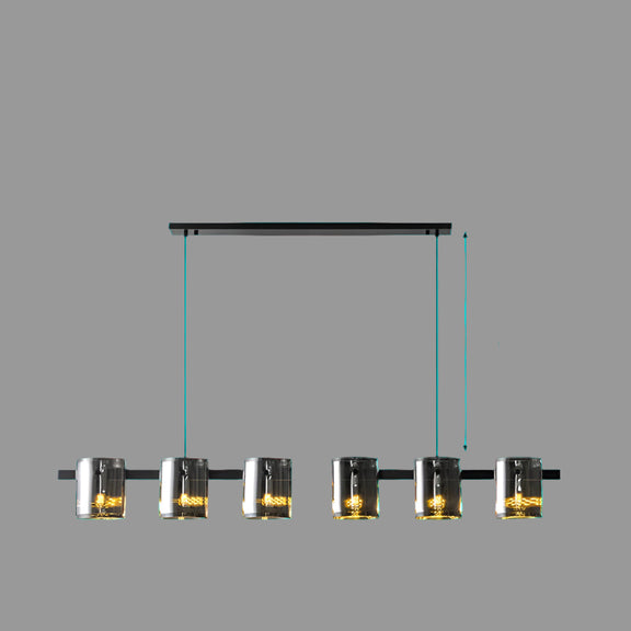 Black metal bar chandelier with warm glowing glass lamp shades