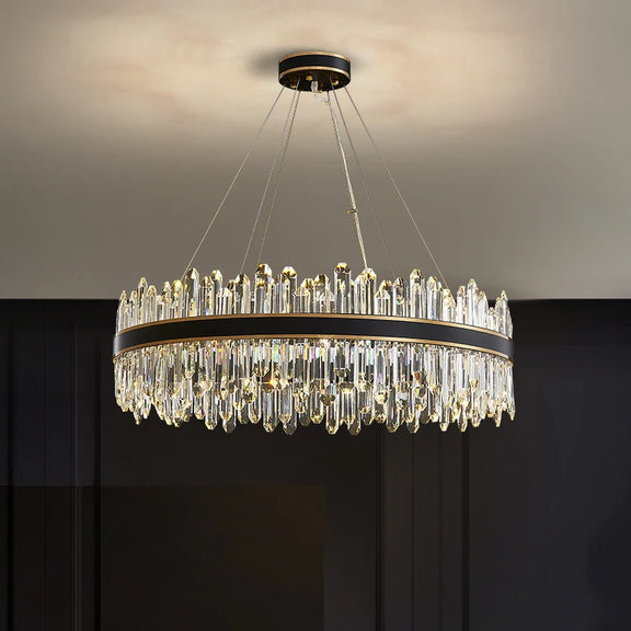Round crystal chandelier with black and gold frame
