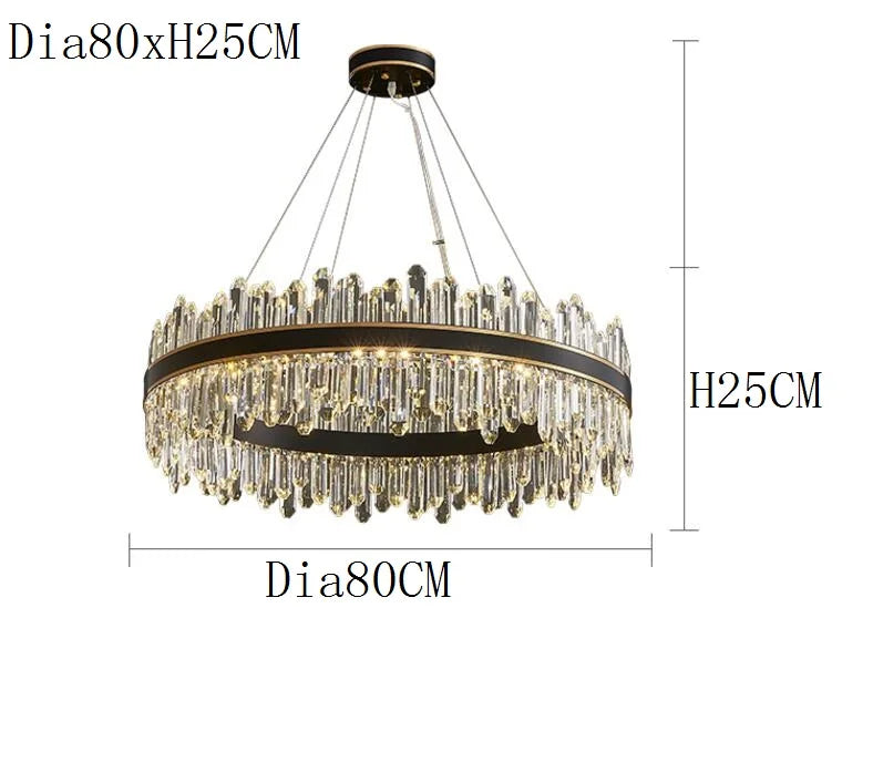 Black and gold round chandelier with sparkling crystals
