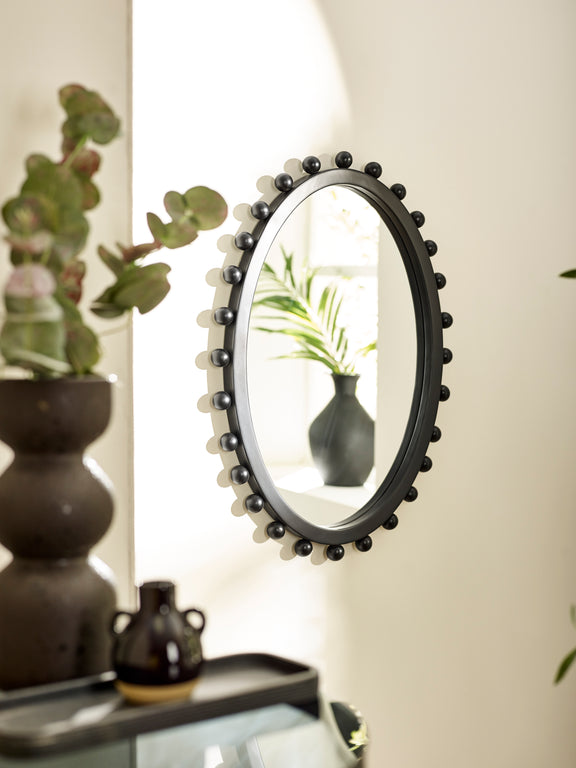 Hendrix 67cm Black Beaded Oval Wall Mirror – styled room view
