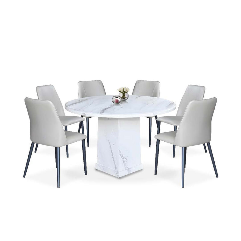 A sophisticated chair featuring a smooth, slate-gray upholstery and slim, metallic legs