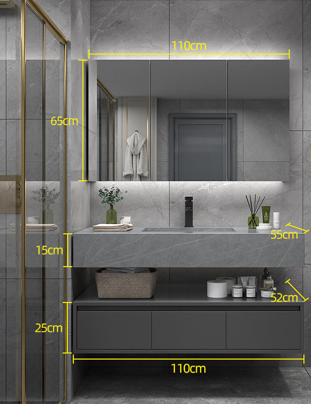 Modern double sink setup with rock slab countertop