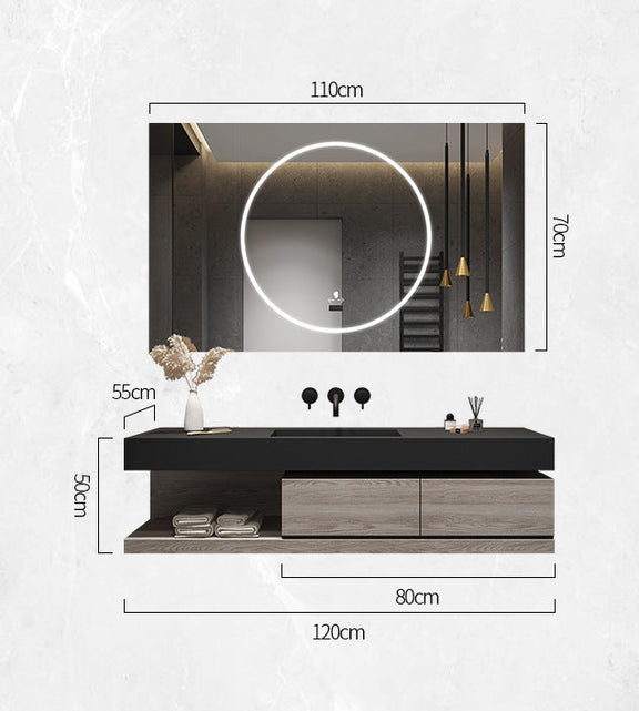 Illuminated smart LED mirror on modern bathroom wall.