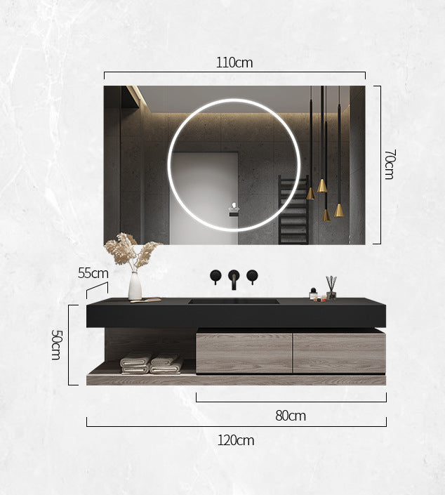 Illuminated smart LED mirror on modern bathroom wall.