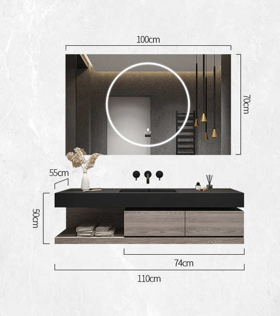 Side profile of floating vanity cabinet showing shelf storage.