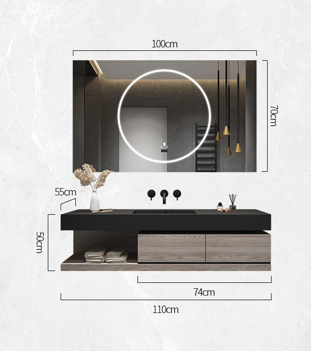 Side profile of floating vanity cabinet showing shelf storage.