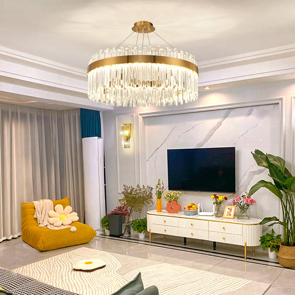 Luxury gold crystal chandelier close-up detail