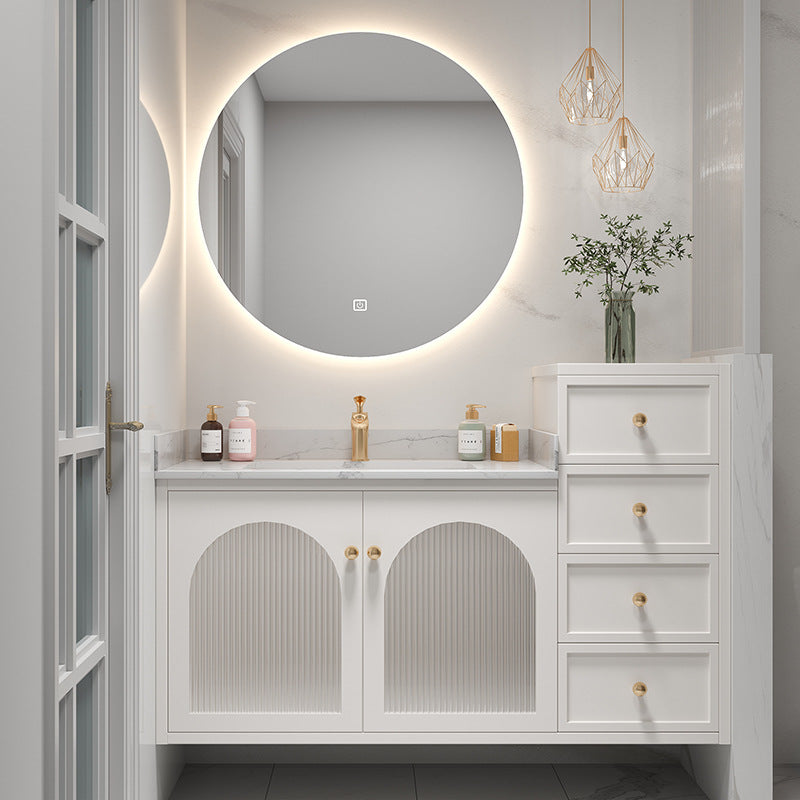 White oak bathroom vanity with smart LED round mirror