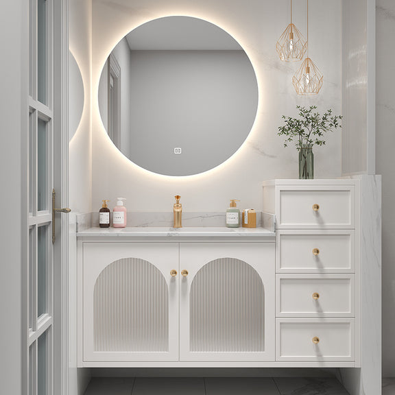 White oak bathroom vanity with smart LED round mirror