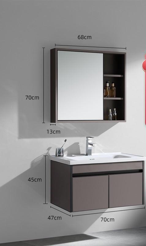 compact bathroom vanity with integrated ceramic basin