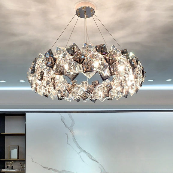 Designer crystal chandelier close-up geometric detailing