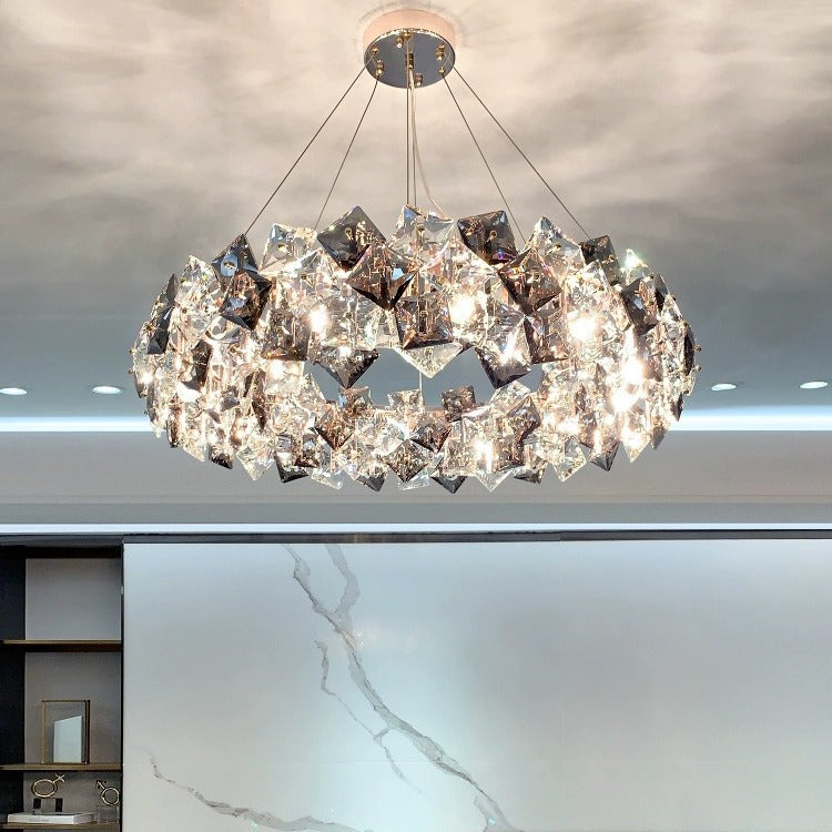 Designer crystal chandelier close-up geometric detailing