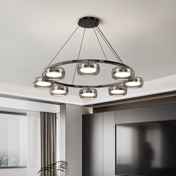 Contemporary chrome ring chandelier ceiling installation