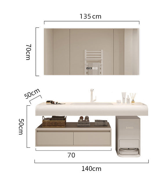 Cream vanity storage drawers and mirror cabinet lighting