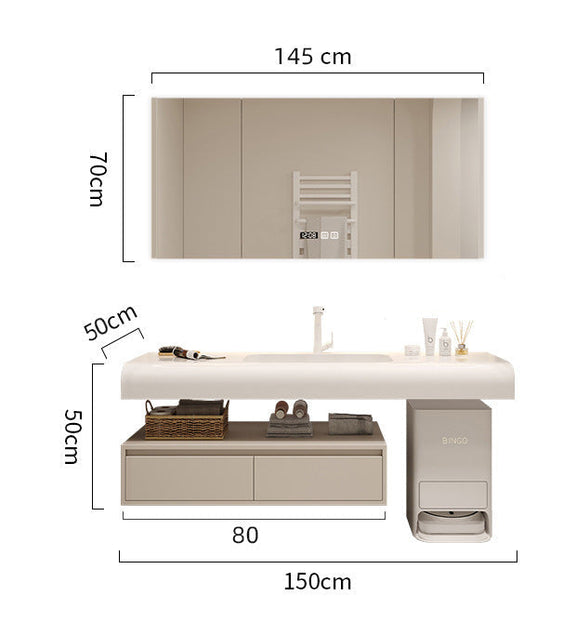 Floating minimalist vanity unit with faucet and accessories