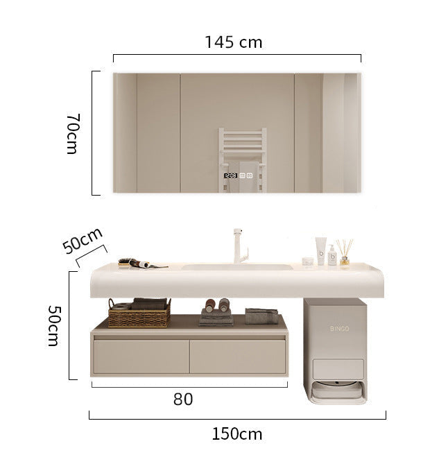 Floating minimalist vanity unit with faucet and accessories