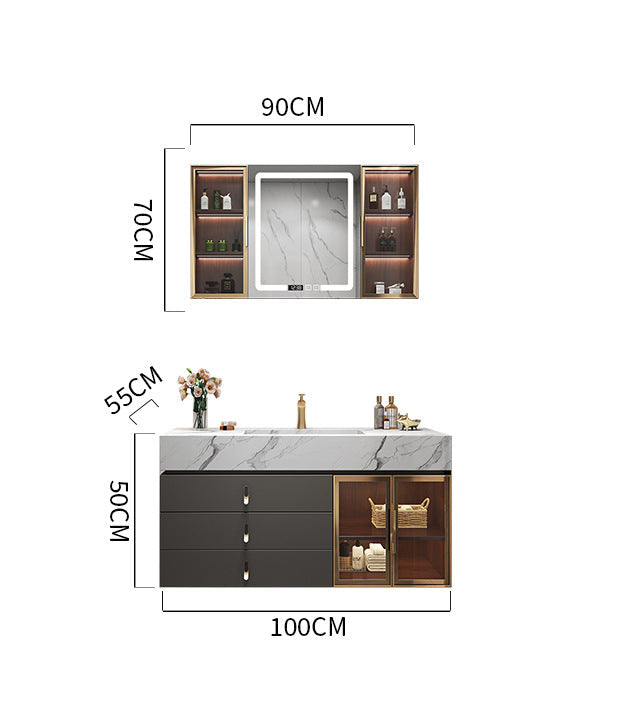 Wall-mounted bathroom vanity with gold accents