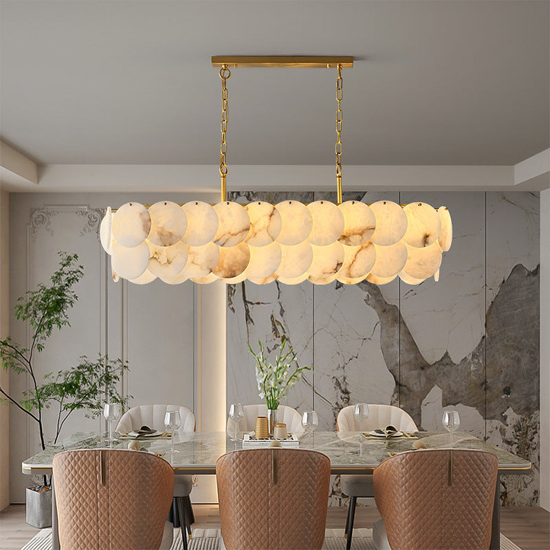 Contemporary gold LED pendant with layered stone discs