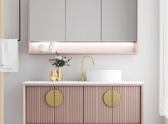 Pink oak luxury bathroom vanity with marble countertop