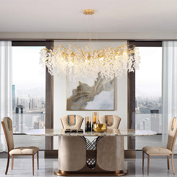 Elegant dining room chandelier glass detail close-up