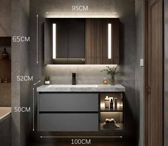 Modern grey vanity with integrated basin and open shelving