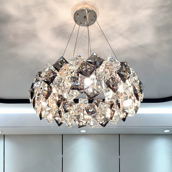 Diamond facet crystal ceiling light with LED bulbs