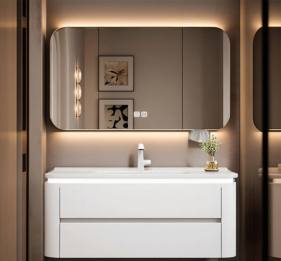 White oak wall-mounted vanity with curved smart LED mirror