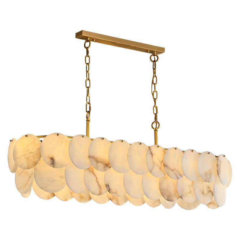 Rectangular marble disc chandelier with brushed gold frame