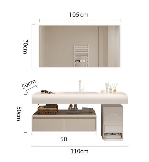 Cream Corian bathroom vanity with mirror cabinet front view