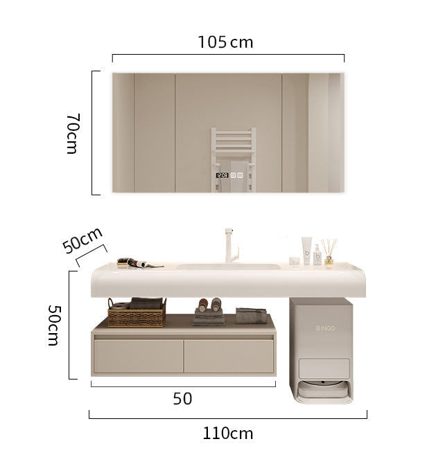 Cream Corian bathroom vanity with mirror cabinet front view
