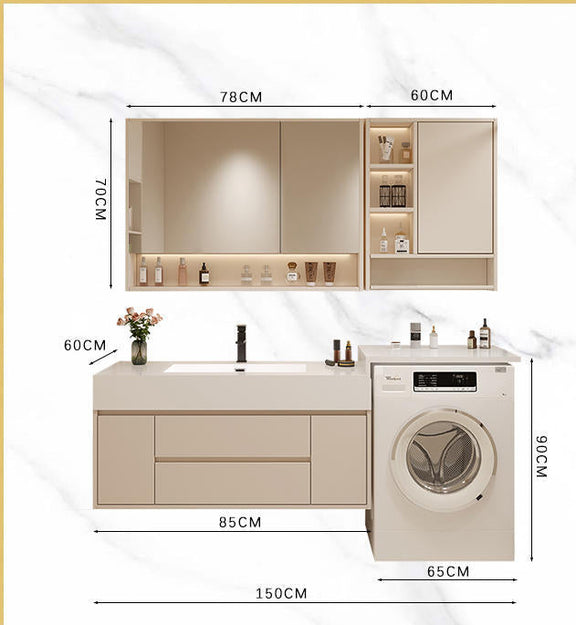 Modern grey vanity with integrated basin and open shelving