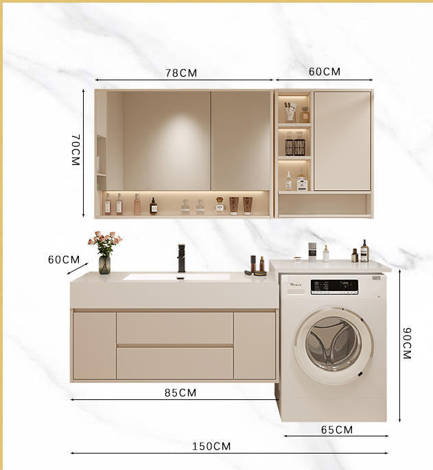 Modern grey vanity with integrated basin and open shelving