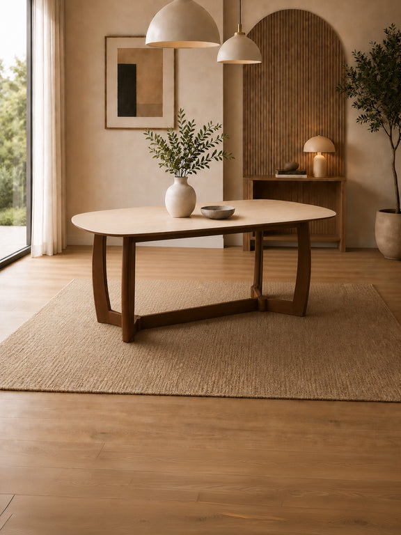 Portland 180cm Walnut & Natural Stone Dining Table – 4–6 Seater – styled room view