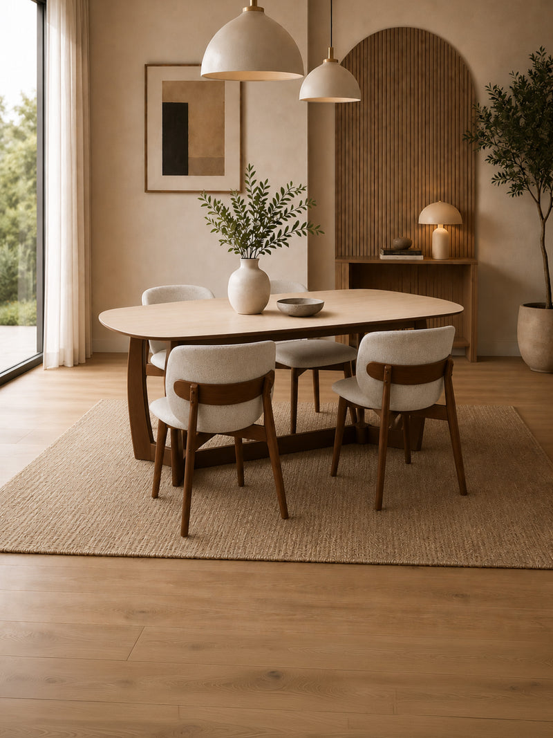 Portland 180cm Walnut & Natural Stone Dining Table – 4–6 Seater – styled room view