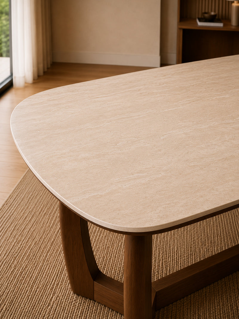 Portland 180cm Walnut & Natural Stone Dining Table – 4–6 Seater – detail view