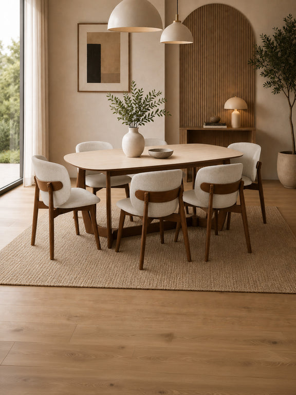 Portland 180cm Walnut & Natural Stone Dining Table – 4–6 Seater – styled room view