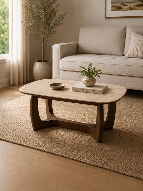Portland 120cm Walnut & Natural Stone Coffee Table – styled room view