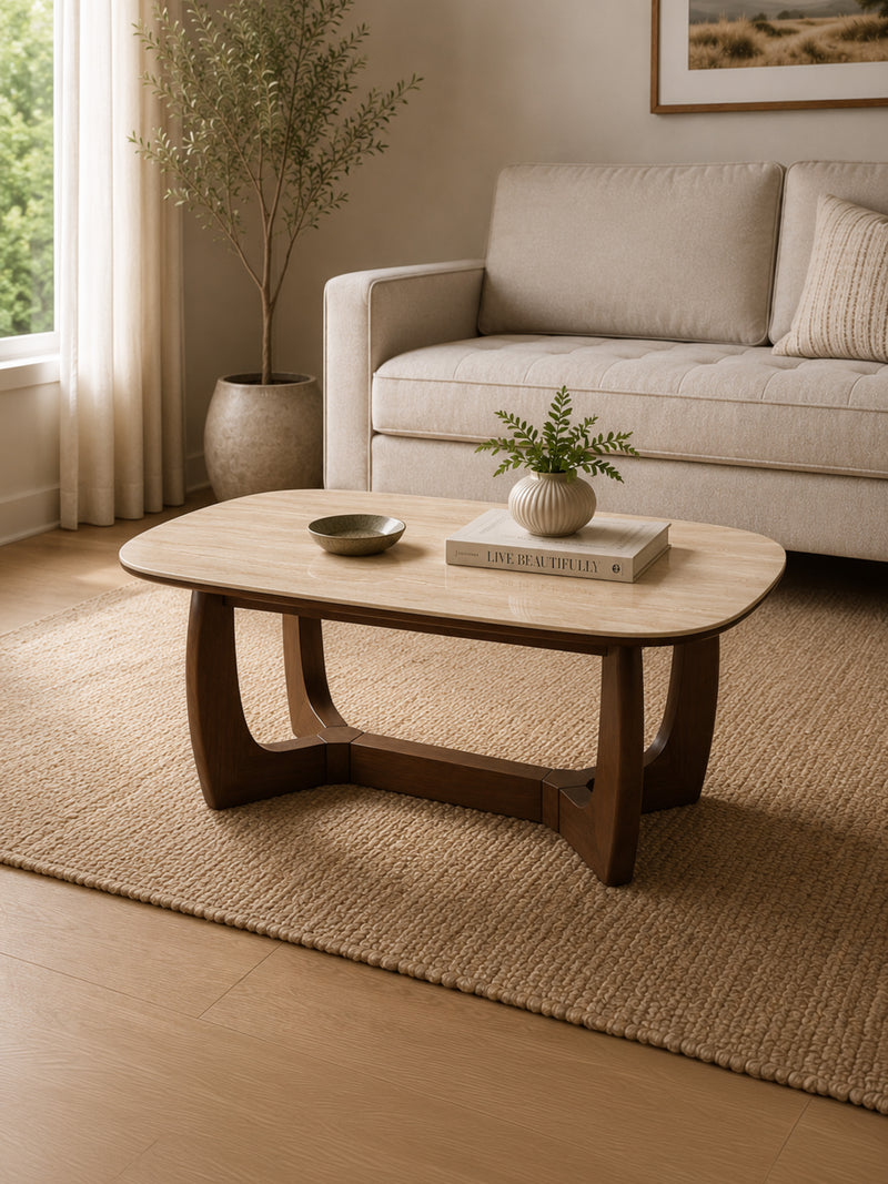 Portland 120cm Walnut & Natural Stone Coffee Table – styled room view