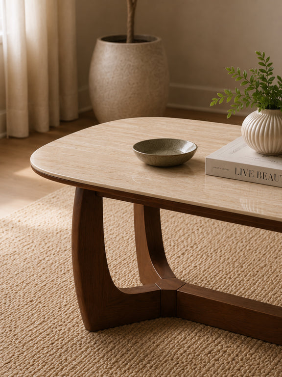 Portland 120cm Walnut & Natural Stone Coffee Table – detail view