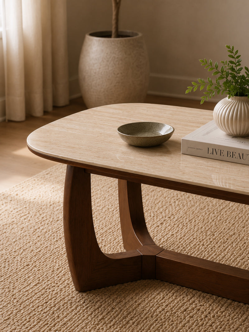 Portland 120cm Walnut & Natural Stone Coffee Table – detail view