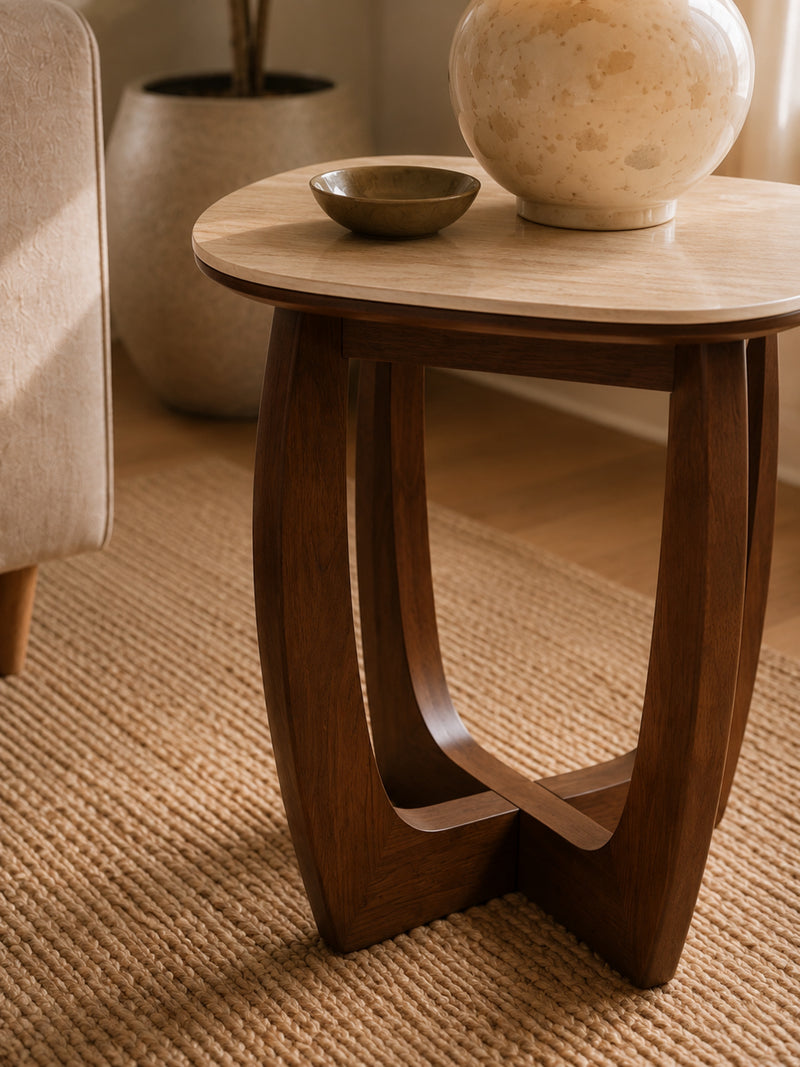Portland 50cm Walnut & Natural Stone Side Table – detail view