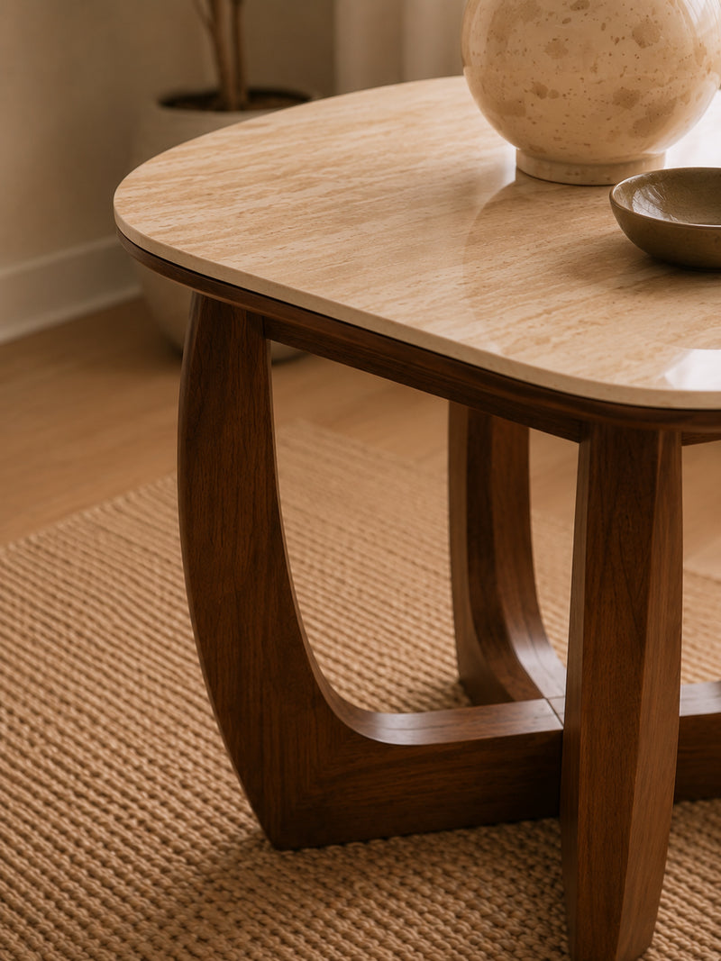Portland 50cm Walnut & Natural Stone Side Table – detail view