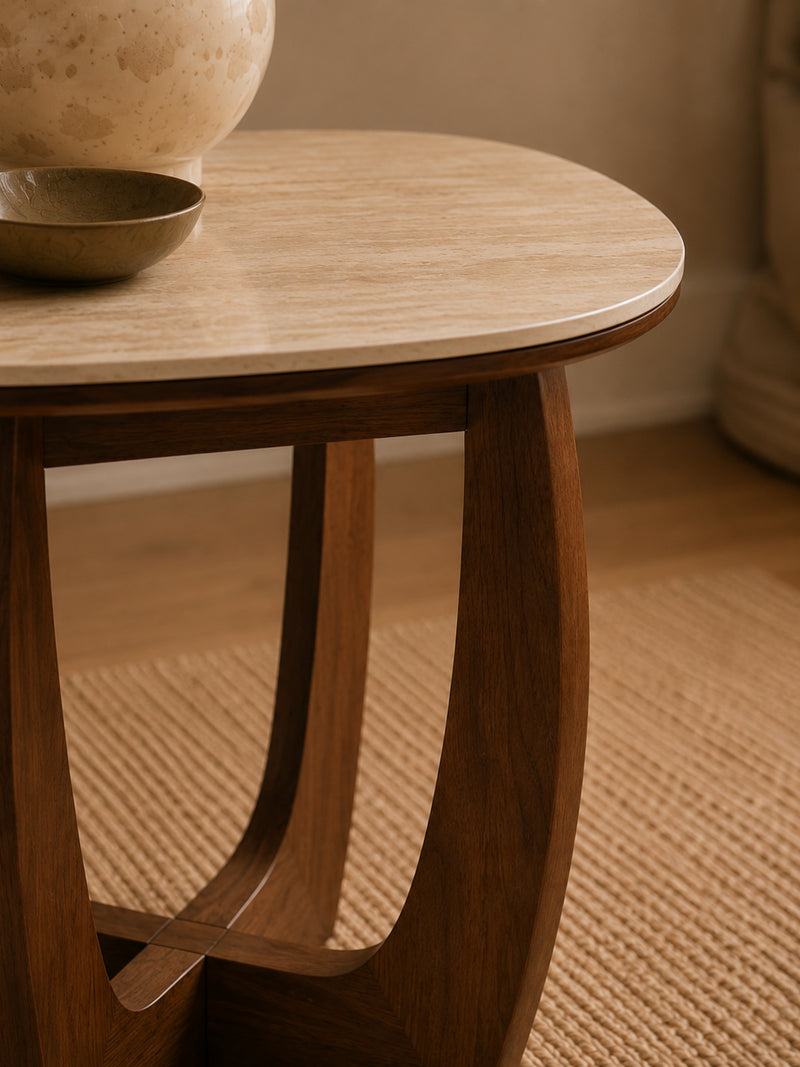Portland 50cm Walnut & Natural Stone Side Table – detail view