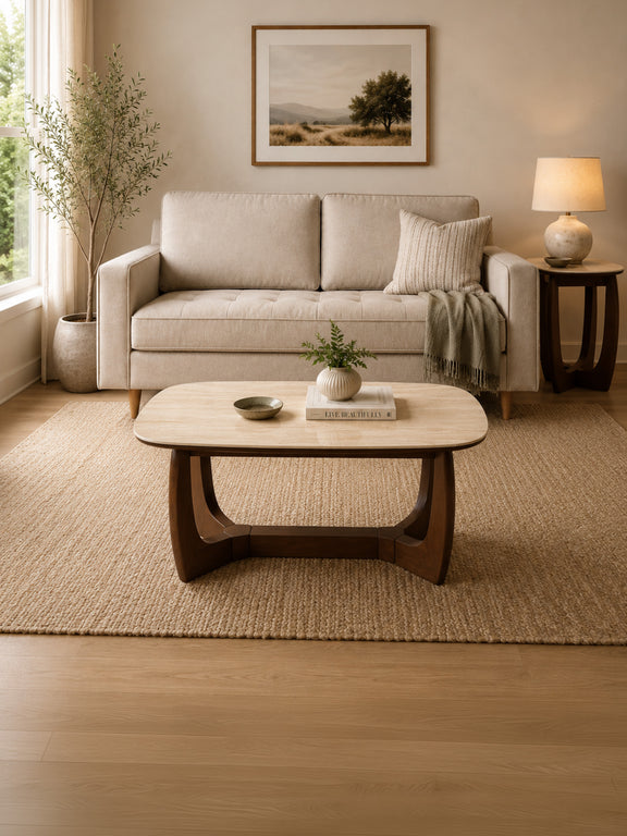 Portland 50cm Walnut & Natural Stone Side Table – styled room view