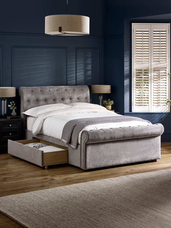 Ravello Grey Chenille Upholstered Bed with 2 Drawers – Double/King – Double – alternate view